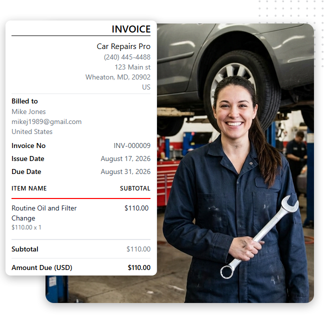 Automotive-Invoice-feat-img A smiling mechanic in coveralls holds a wrench in an auto repair shop, showcasing professionalism that’s key to effective Transportation Advertising. An invoice for a $110 oil and filter change from Car Repairs Pro is overlaid on the left side of the image.