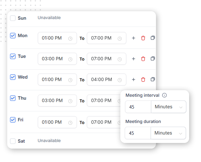 Availability-Control-img A scheduling interface within client portal software displays available weekday time slots with selectable start and end times, delete icons, and a settings popup for meeting interval and duration. Sunday and Saturday are marked unavailable.