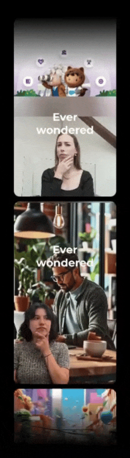 B2B-Optimized Animated GIF showing cartoon characters and people, each appearing to think or wonder. Text “Ever wondered” overlays two people in everyday settings, followed by more cartoon characters.