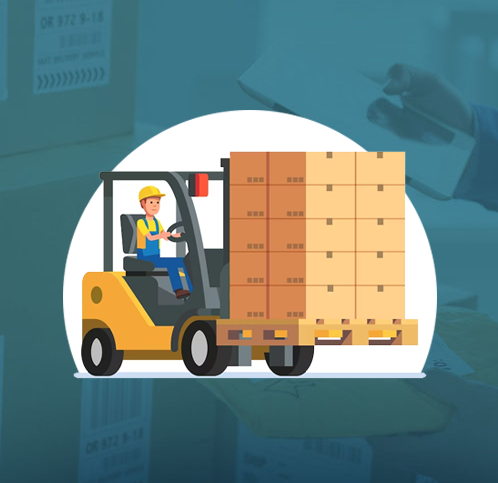B2B-wholesale Illustration of a worker driving a yellow forklift, moving stacked cardboard boxes on a pallet, with a blue background featuring faint images of boxes and a person holding a clipboard.
