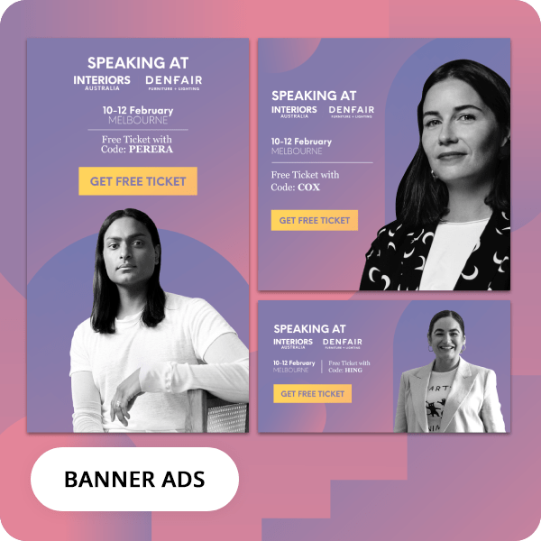 Banner-Ads-Portfolio-IMG Three banner ads for Interiors Denfair Australia highlight free tickets with codes. Each showcases a renowned graphic artist in black-and-white portraits, event details, and Get Free Ticket buttons on a purple-pink gradient background.
