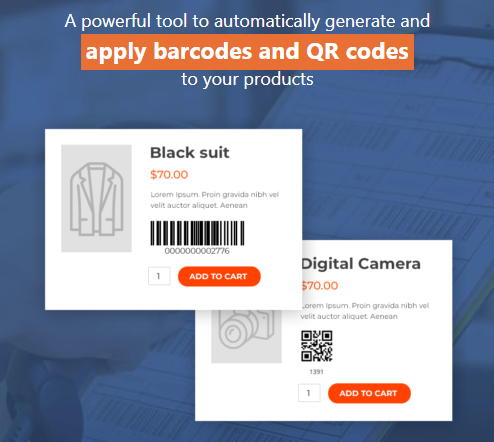 Barcodes-and-QR-Codes A promotional graphic shows two product cards with barcode and QR code labels. Text above reads: A powerful tool to automatically generate and apply barcodes and QR codes to your products.