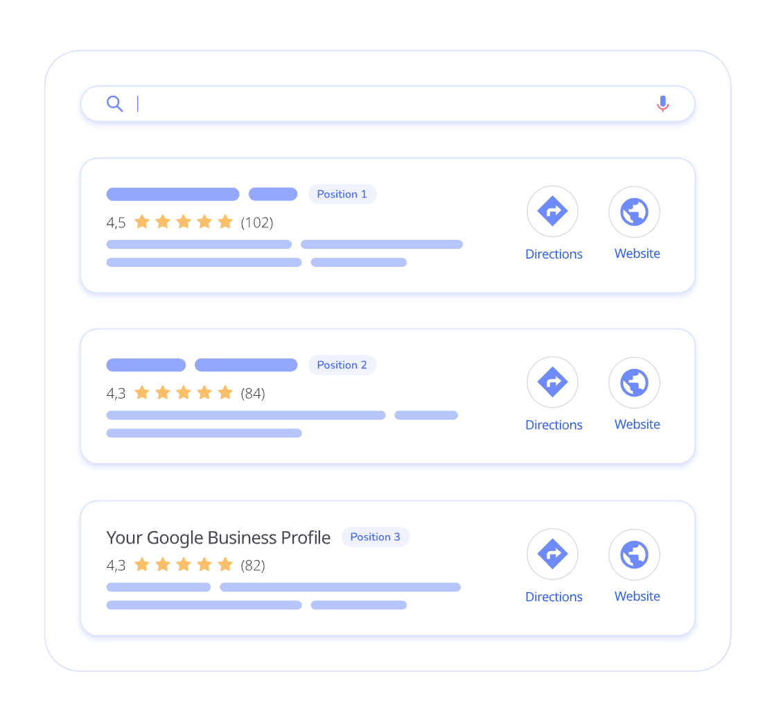 Boost-Local-Visibility-img A search results page displays three business listings, each with a star rating, number of reviews, and buttons for directions and website—ideal for those interested in google my business optimization or seo for google business. Listings show Position 1, 2, and 3.