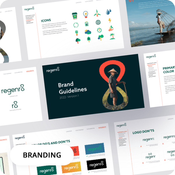Branding-Portfolio-IMG A collage of branding guideline slides, including logos, icons, color palettes, and branding dos and don'ts, for a company called regenr8. A BRANDING label is overlaid in the bottom left, showcasing digital design expertise.