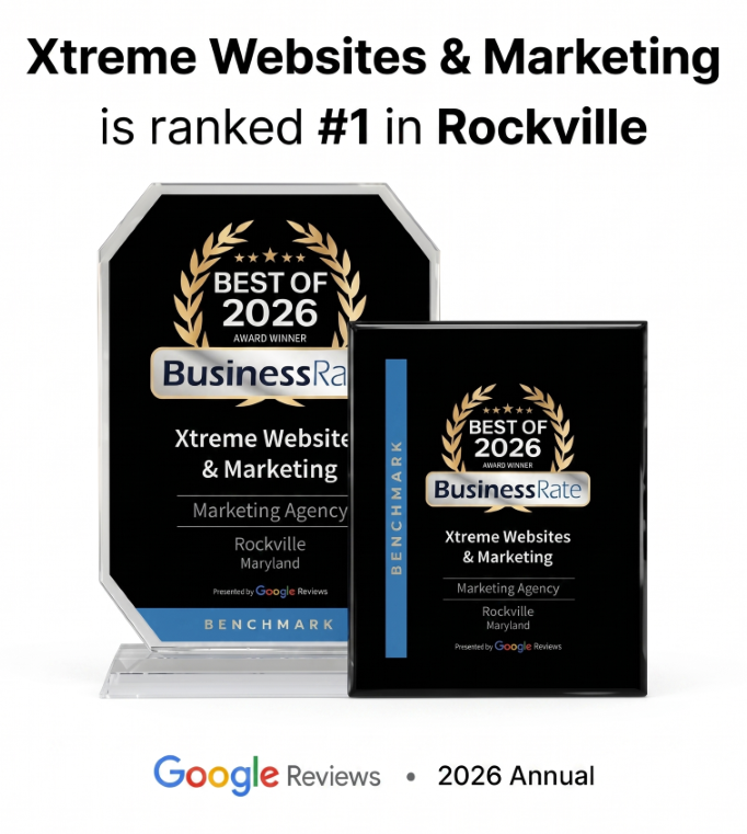 Award plaques for Xtreme Websites & Marketing, recognized as the top marketing agency in Rockville, Maryland, with Google Reviews and Best of 2026 badges showcase industry awards and recognition. Text: Earned. Respected. Recognized.