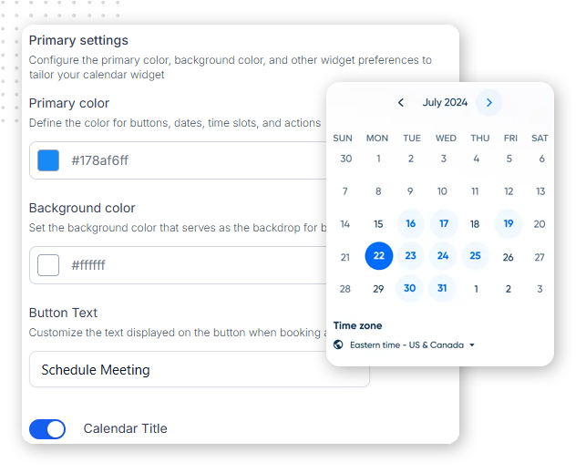 Calendar-Branding-img A calendar settings panel with options for primary color, background color, and button text. A date picker for July 2024 is open, showing dates, time zone, and a “Schedule Meeting” button—ideal for client portal software.