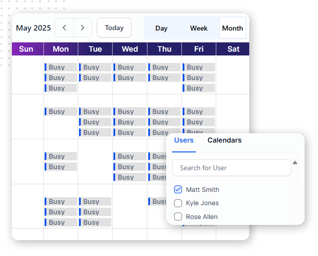 Calendar-Solutions-image A calendar view for May 2025 shows user schedules marked as Busy. Integrated with client portal software, a pop-up menu lists users—Matt Smith (checked), Kyle Jones, and Rose Allen—with options to filter the displayed calendars.