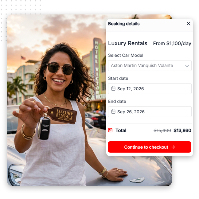 Car-rentals-calendars-feat-img-v2 Smiling woman holding car keys and a Luxury Rentals card in front of a car. Beside her, a booking details window shows Aston Martin rental info, dates, and discounted total price of $13,860—perfect for showcasing effective transportation advertising or boosting your automotive SEO strategy.