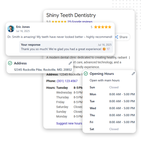 Centralize Profile Management feat img A digital interface displays a dentist’s Google review, business address, and opening hours. Overlay cards feature edit icons and mention available online payment systems, making it easy for patients to pay after their five-star visit with Dr. Smith.