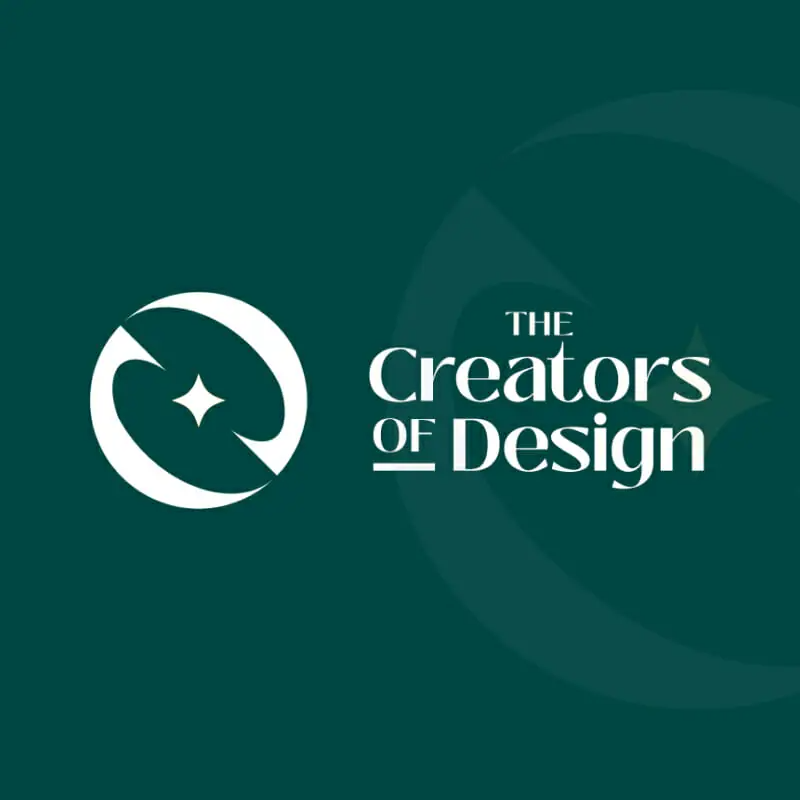 Creators-designs A dark green graphic with a white circular abstract logo on the left and the text THE Creators OF Design on the right in stylish white font. Perfect for brand design, a faint, larger logo appears subtly in the background.