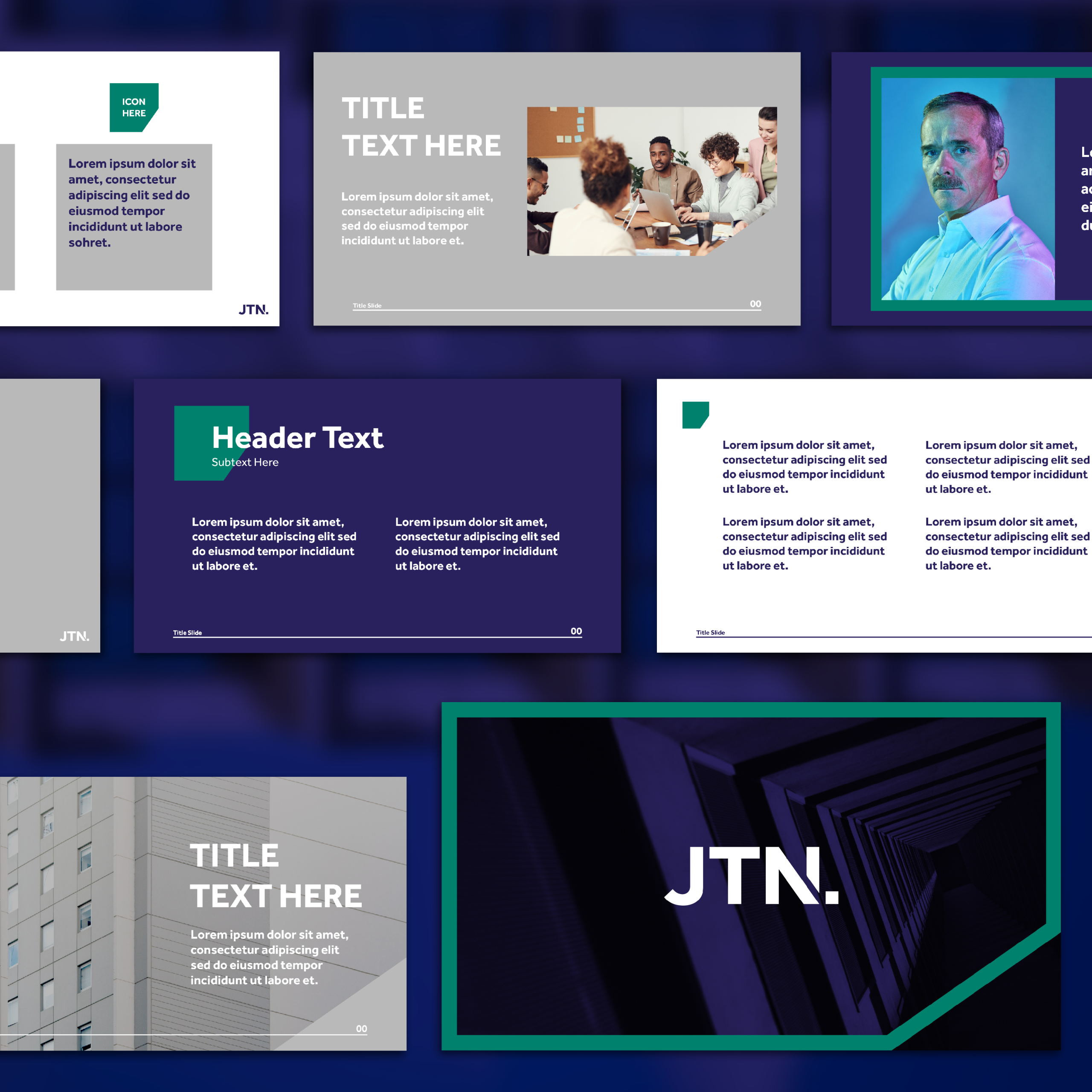 DY-IG-Posting-JTN-Presentation-T A collage of modern presentation slides showcases digital design with text blocks, photos of people, geometric shapes, and the initials JTN. in bold white letters on a dark background by a leading graphic design company.