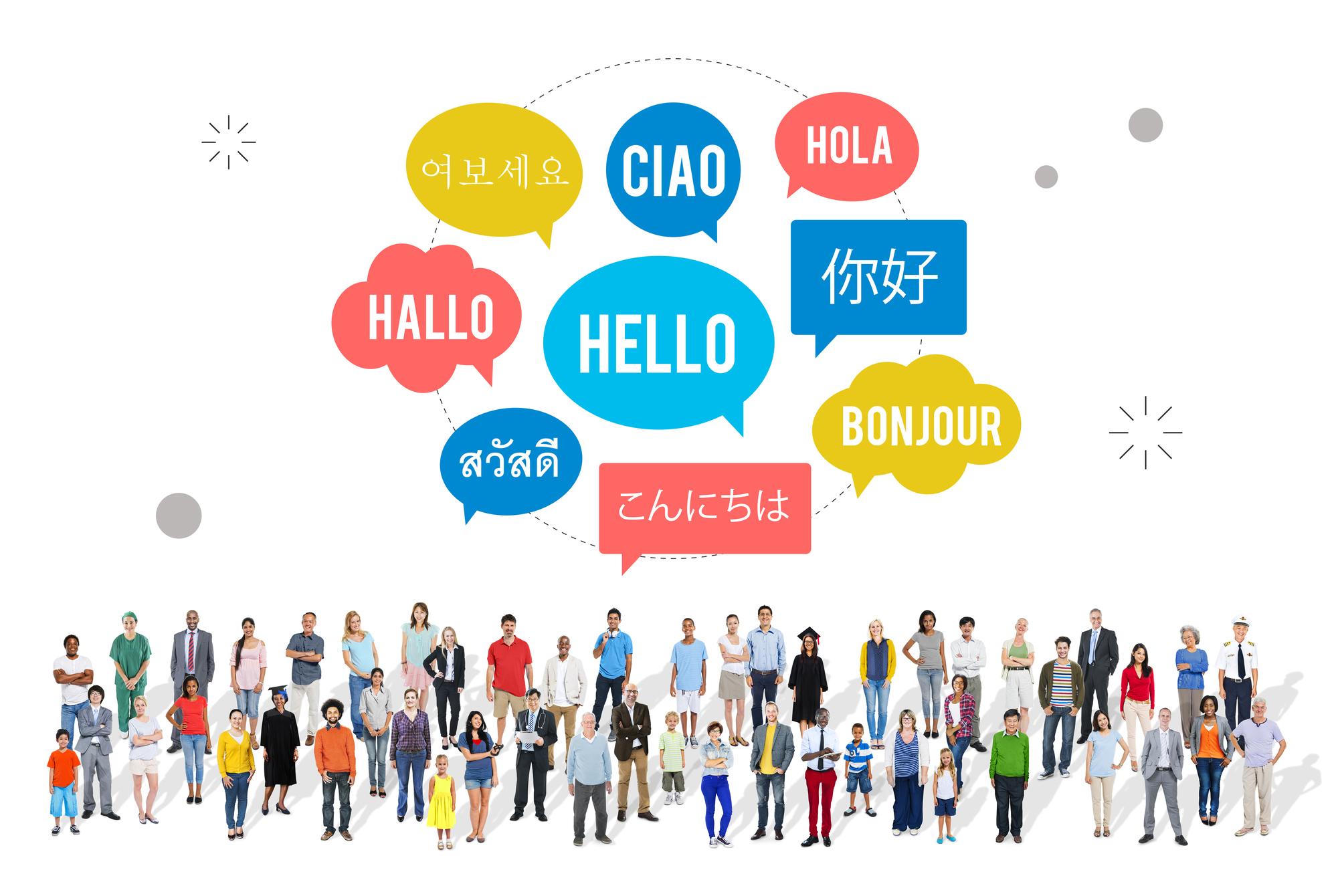A diverse group of people stands below colorful speech bubbles saying Hello in multiple languages, including English, Spanish, French, German, Italian, Korean, Chinese, Japanese, and Thai.