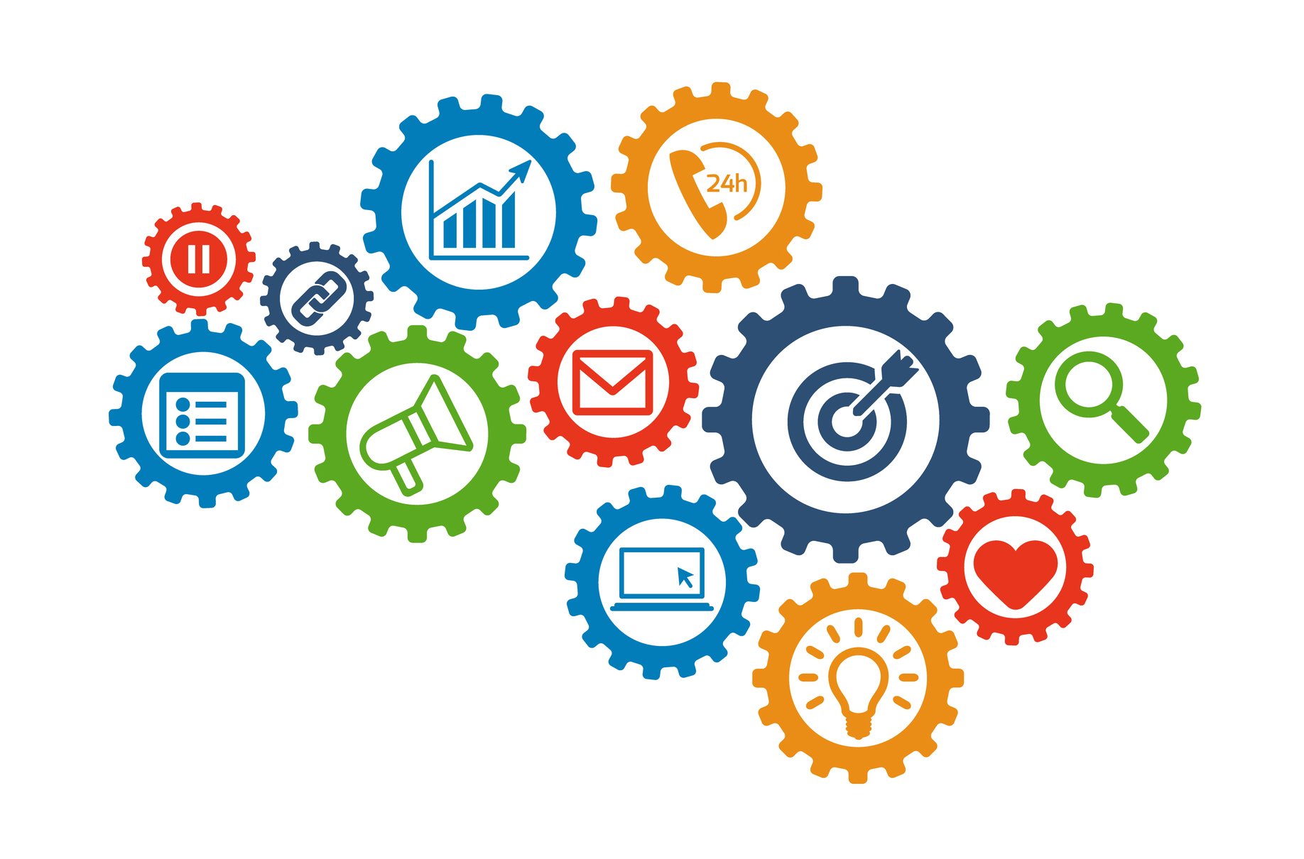 Colorful gears with icons, such as target, graph, and checklist, symbolize business concepts and eCommerce Design Plans, all interconnected on a white background.