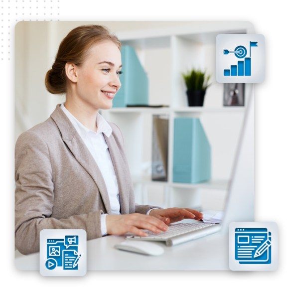 Digital Content Creation feat img A woman in a beige blazer types on a desktop computer in a bright office, with illustrated icons of marketing, analytics, and content creation superimposed around her—reflecting the dynamic work of a content marketing agency.
