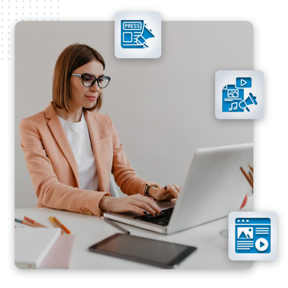 Digital Content Creation for Every Business Need img A woman wearing glasses and a peach blazer sits at a desk typing on a laptop, surrounded by digital icons representing content writing, media, music, press, and web content.