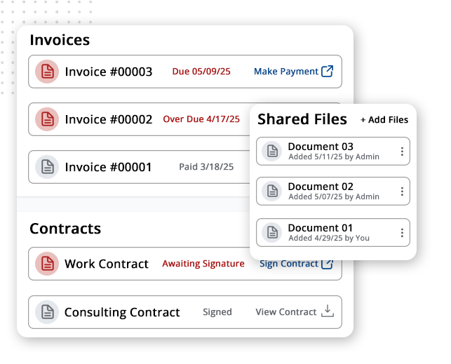 Document-Collaboration-Center-img A dashboard in the client portal software displays invoices with payment status, contracts with signing status, and a pop-up titled Shared Files listing three documents with upload dates and authors.
