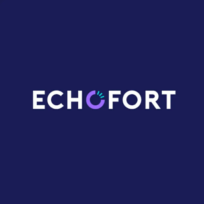 Echofort The image shows the word ECHO FORT in bold white capital letters on a dark blue background, perfect for a graphic design company. The letter O in ECHO is stylized as a purple circular logo with three teal soundwave lines.
