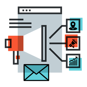 Email Campaigns-Blasts Illustration of a megaphone connected to icons for location, marketing, and growth analytics, highlighting a web browser window and envelope in the background—perfect for showcasing email advertising plans or visualizing a drip campaign.