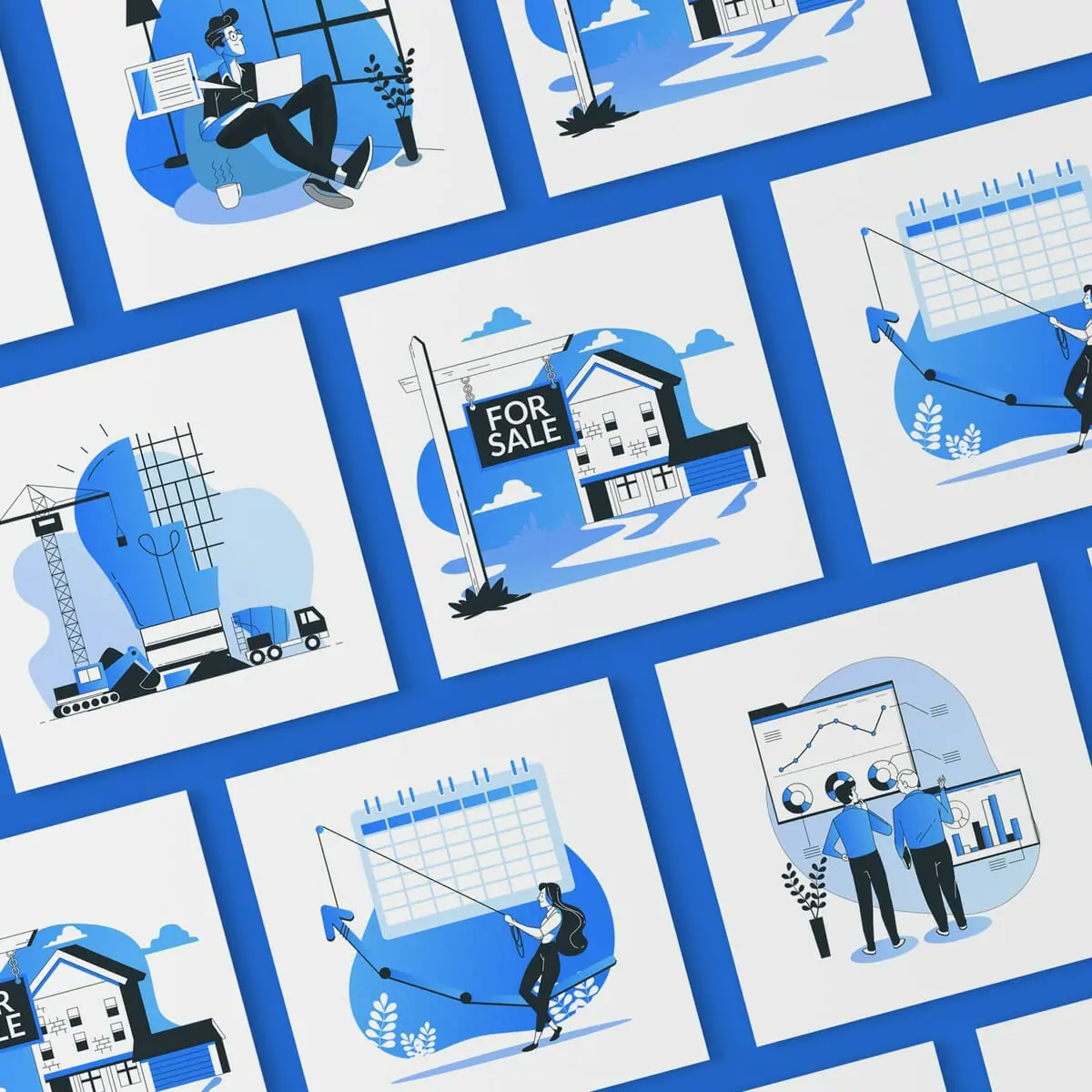 Epotek A grid of illustrated square tiles showcases real estate and business scenes, crafted in blue and white tones—perfect for a digital design or graphic design company, featuring construction, sales, chart analysis, and calendar icons.