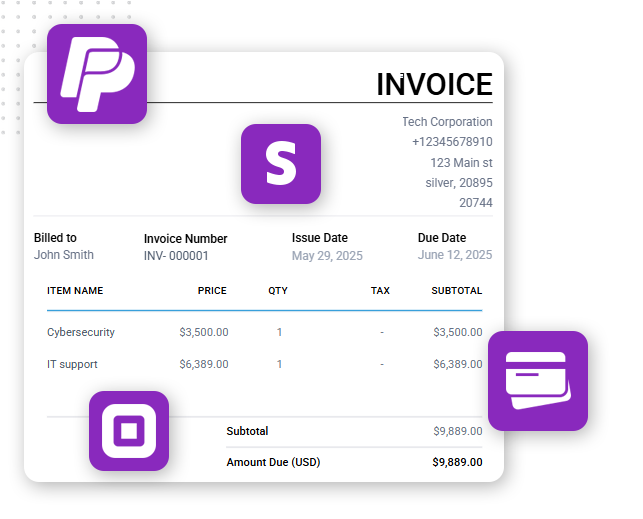 Financial-Management-img An invoice displays charges for cybersecurity, IT support, and service management, with a total amount due of $9,889.00 USD. PayPal, Stripe, and Square payment icons surround the invoice.