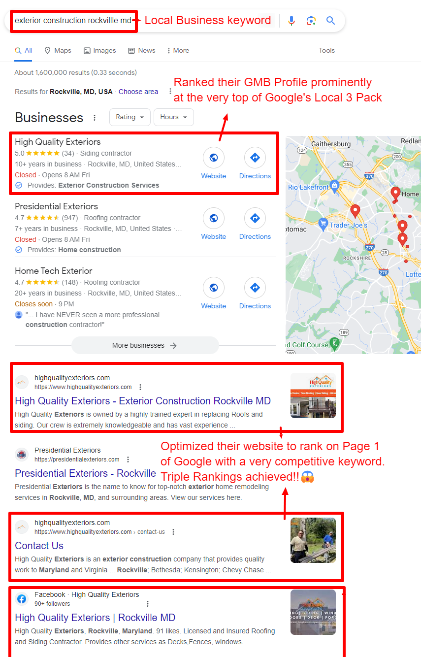 Screenshot of Google search results for exterior construction rockville md, showing highlighted business listings ranked at the top of the local pack and organic results, with annotations about ranking and keyword optimization.