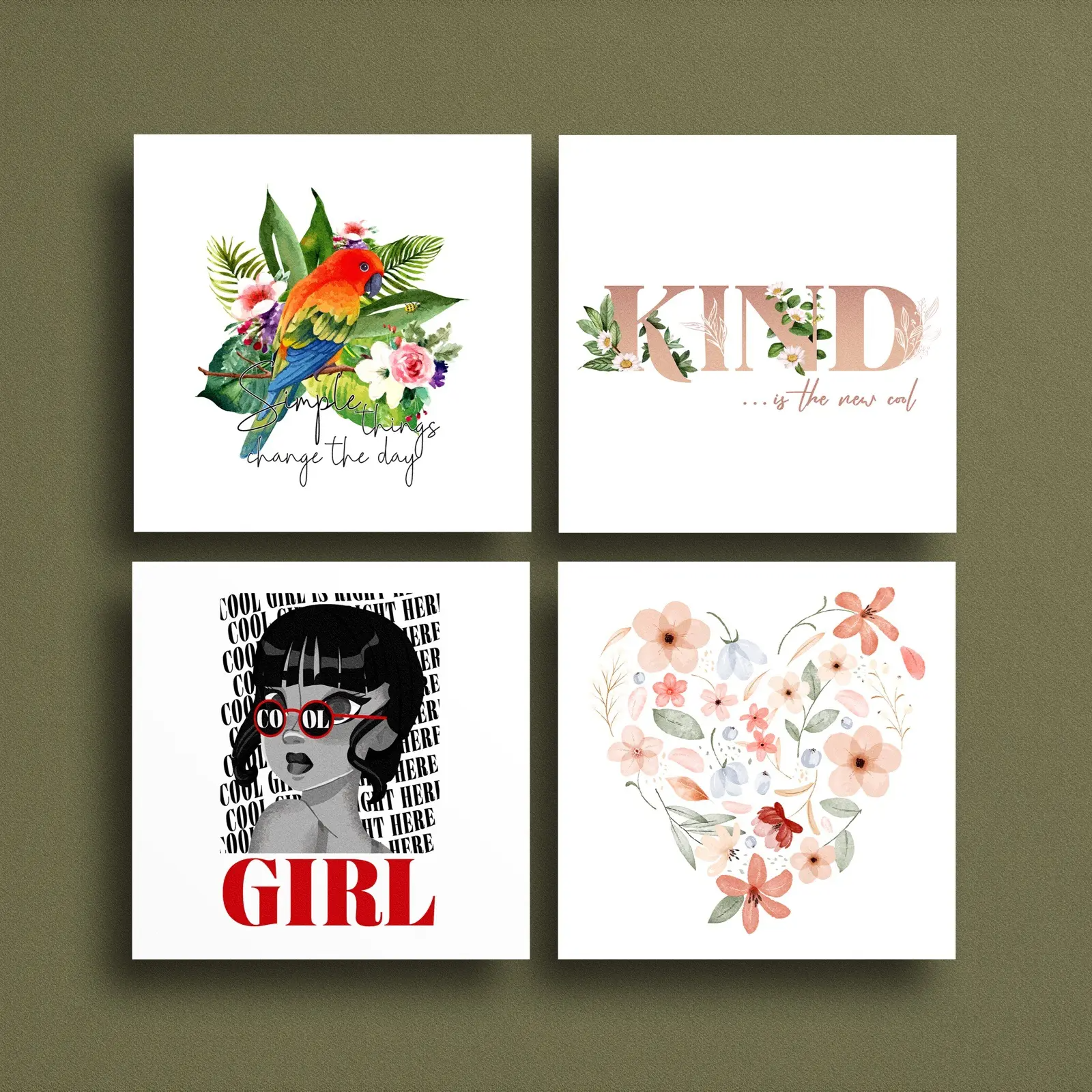 HTX Four square art prints designed by a skilled graphic artist: a colorful bird on flowers with “Change the days,” “KIND” in floral text, a stylized girl with “COOL GIRL,” and a pastel floral heart, all on a green background.