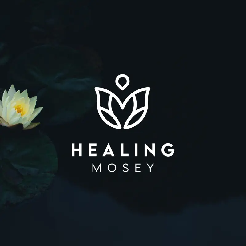 Healing-Mosey A white lotus flower on a dark background sits beside a minimalist white logo resembling a lotus and a person, crafted by a graphic artist. Below the logo, the text reads HEALING MOSEY in uppercase letters.