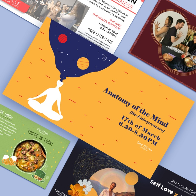 Hive A collage of colorful event flyers, with a prominent yellow flyer in the center titled Anatomy of the Mind, showcases the work of a graphic artist. Other flyers highlight creative brand design with images of food and people.