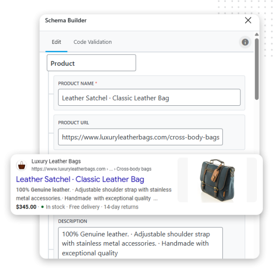 Implement Smart Schema feat image V2 A screenshot of a schema builder tool showing fields for product name, description, and URL, with a preview of a leather satchel product listing—ideal for optimizing local SEO landing pages with price, details, and an image of the bag.