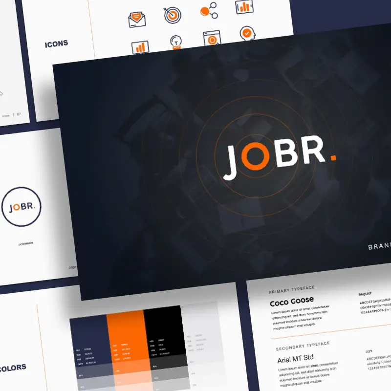Jobr-Branding A brand style guide for JOBR. is displayed, featuring logo designs, icons, color palette (black, orange, gray, white), and typography details by a skilled graphic artist on clean, modern presentation slides with a dark background.