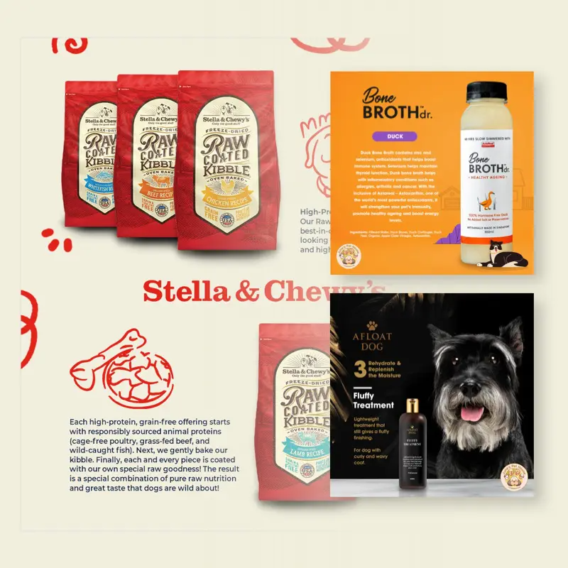 Junes-pet A collage designed by a graphic design company features Stella & Chewy’s Raw Coated Kibble bags, a Bone Broth bottle, and a black dog with Afloat Dog Fluffy Treatment shampoo, plus product descriptions and company logos in the background.