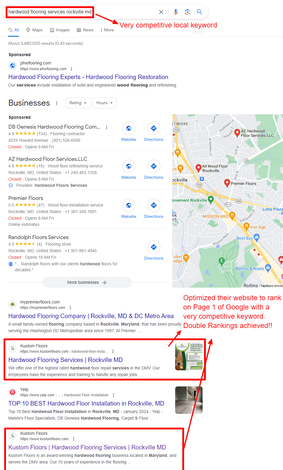 Screenshot of a Google search for hardwood flooring services rockville md showing local business listings, map results, and highlighted annotations about ranking and keyword competitiveness.