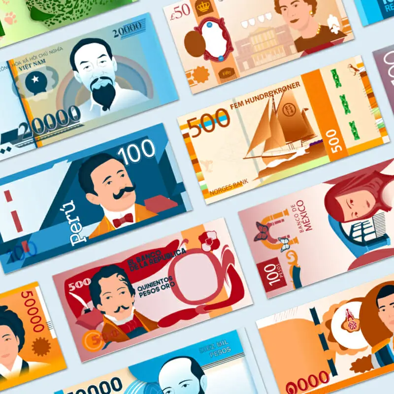 LRS Colorful international banknotes from various countries, featuring diverse portraits, designs, and denominations, are arranged in a scattered, overlapping pattern—an inspiring scene for any graphic artist or graphic design company.