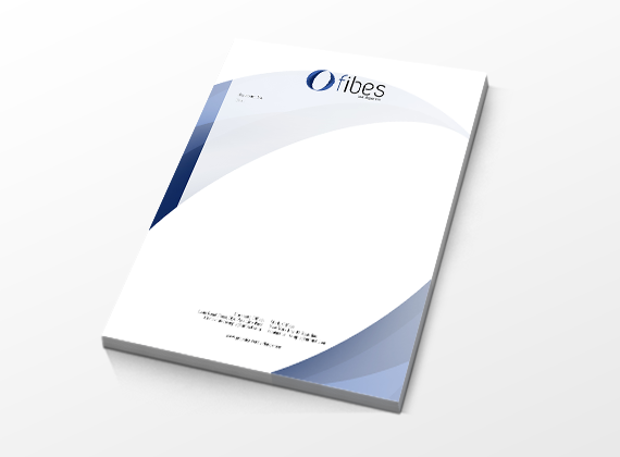 A stack of letterhead papers with a modern blue and white design, featuring the Ofibes logo at the top and contact information at the bottom.
