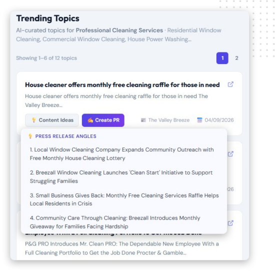 Media-Blast-Trending-Topics-feature-img A screenshot of a web page showing trending topics for professional cleaning services. One topic highlights a house cleaner's free cleaning raffle, showcasing press release marketing angles and credibility boosters with buttons for creating press releases.