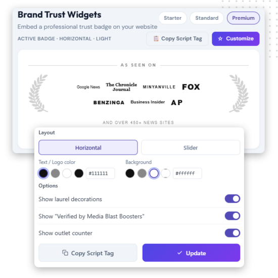 Media-Blast-Trust-Widgets-feature-img A website interface for creating Brand Trust Widgets with credibility boosters—customize layout, colors, and display settings, showcase media logos, and copy a script tag to enhance your press release marketing efforts.
