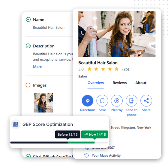Monitor GMB Health Score feat image A digital interface displays Beautiful Hair Salon's business profile with a 5-star rating, a woman's photo in a salon, and progress in GBP Score Optimization from 12/15 to 14/15—now featuring integrated online payment systems for easy transactions.