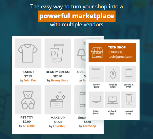 Multi-Vendor-Marketplace A graphic showing a marketplace interface with product listings like T-shirt, beauty cream, pet toy, and make up, alongside a vendor profile displaying electronic items for sale. Text above reads, “powerful marketplace with multiple vendors.”.