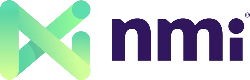 NMI Logo A green and yellow geometric logo sits next to the bold, lowercase text nmi in dark purple on a light background, reflecting innovation in credit card processing and online payment systems.