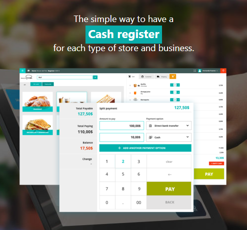 Point-Of-Sale-For-WooCommerce-POS- A digital cash register interface shows payment options, balance, totals, and food items on a touchscreen, with the text: The simple way to have a cash register for each type of store and business.