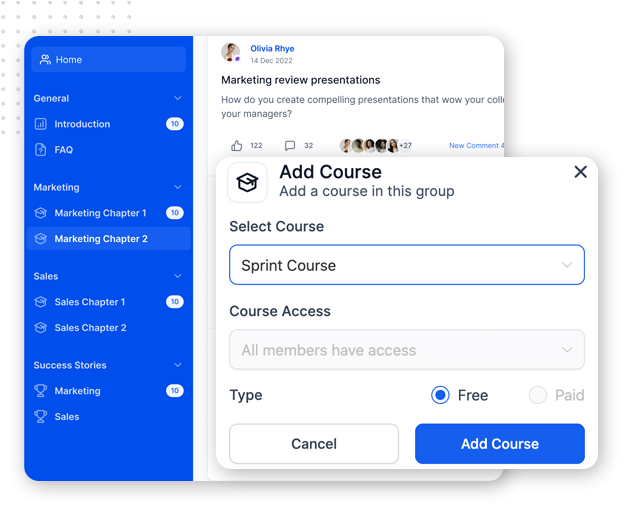 Premium-Enterprise-Features-img A user interface shows a sidebar with navigation links and a pop-up window titled “Add Course,” where “Sprint Course” is selected, the access is set to all members, and the “Free” type is chosen, within a streamlined client portal.