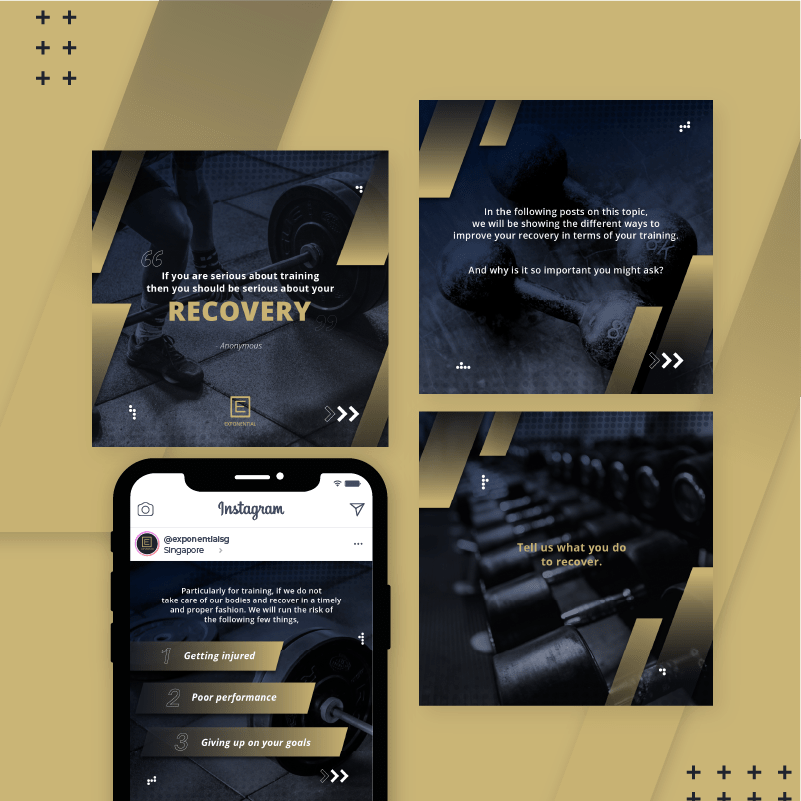 Recover A graphic with four panels and a phone mockup highlights the importance of workout recovery, featuring gym scenes, motivational text, and an Instagram interface—perfect for those seeking expert graphic design services or a skilled graphic designer.