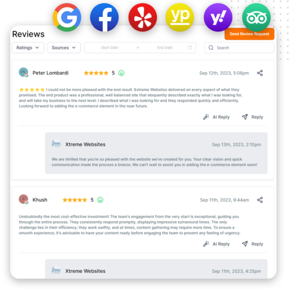 Reputation-Management-Monitor-your-Reviews Screenshot of an online reviews page with feedback from customers. Reviews from Peter Lombardi and Khush praise Xtreme Websites’ reputation management service, each rated 5 stars. Social media icons and a Send Review Request button are visible.