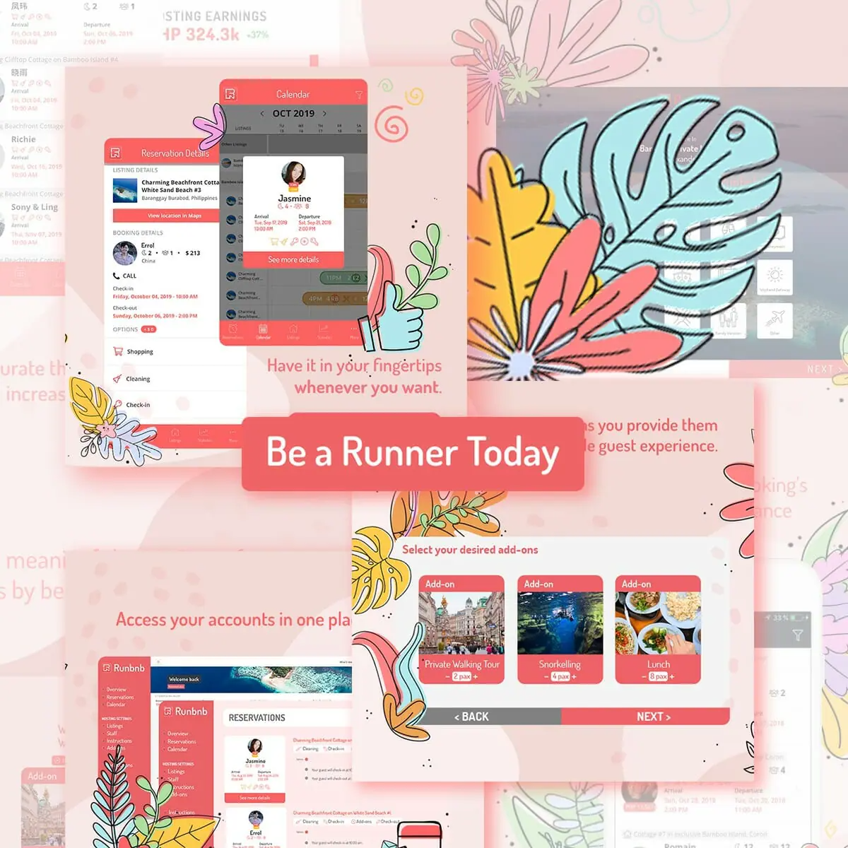 RunBnB A collage of app interface screenshots with floral and leaf illustrations, showcasing brand design features like user profiles, add-ons, and account access. Text in the center reads, Be a Runner Today in a red box.