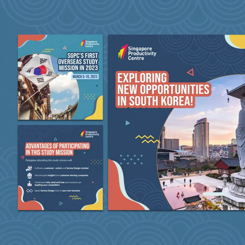 SPC A promotional graphic by a leading graphic design company for Singapore Productivity Centre’s study mission to South Korea, featuring event dates, benefits of participation, and images of landmarks, including city views and a Buddha statue.