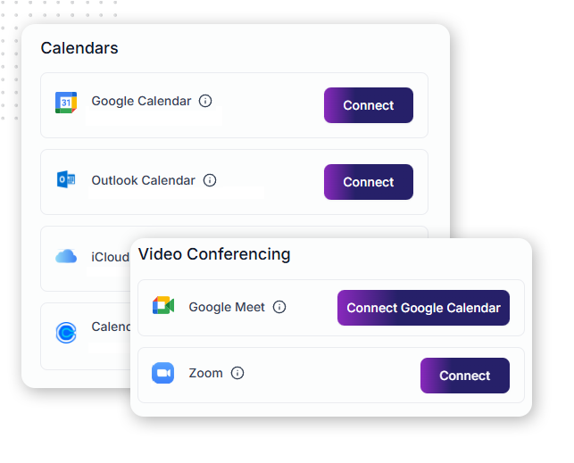 Seamless-Calendar-Integration-img Screenshot of a web interface in client portal software, showing options to connect Google, Outlook, and iCloud calendars, plus integration with Google Meet and Zoom for business automation. Each option has a “Connect” button.