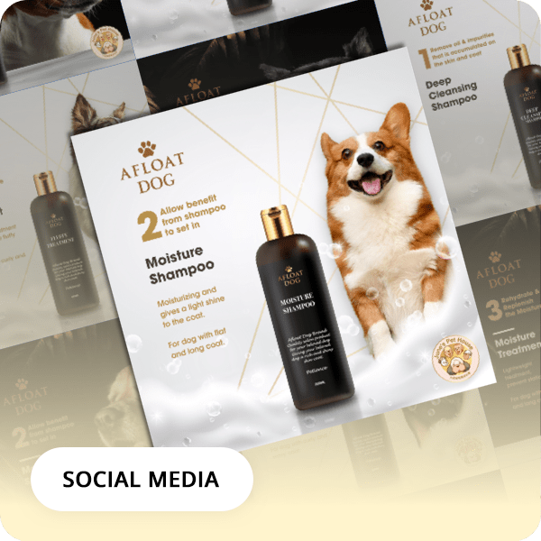 Social-MediaPortfolio-IMG A promotional image for Afloat Dog Moisture Shampoo created by a graphic design company, featuring a happy dog, the shampoo bottle, and product benefits like moisturizing and adding shine to coat. SOCIAL MEDIA text appears in a white rounded box at the bottom.