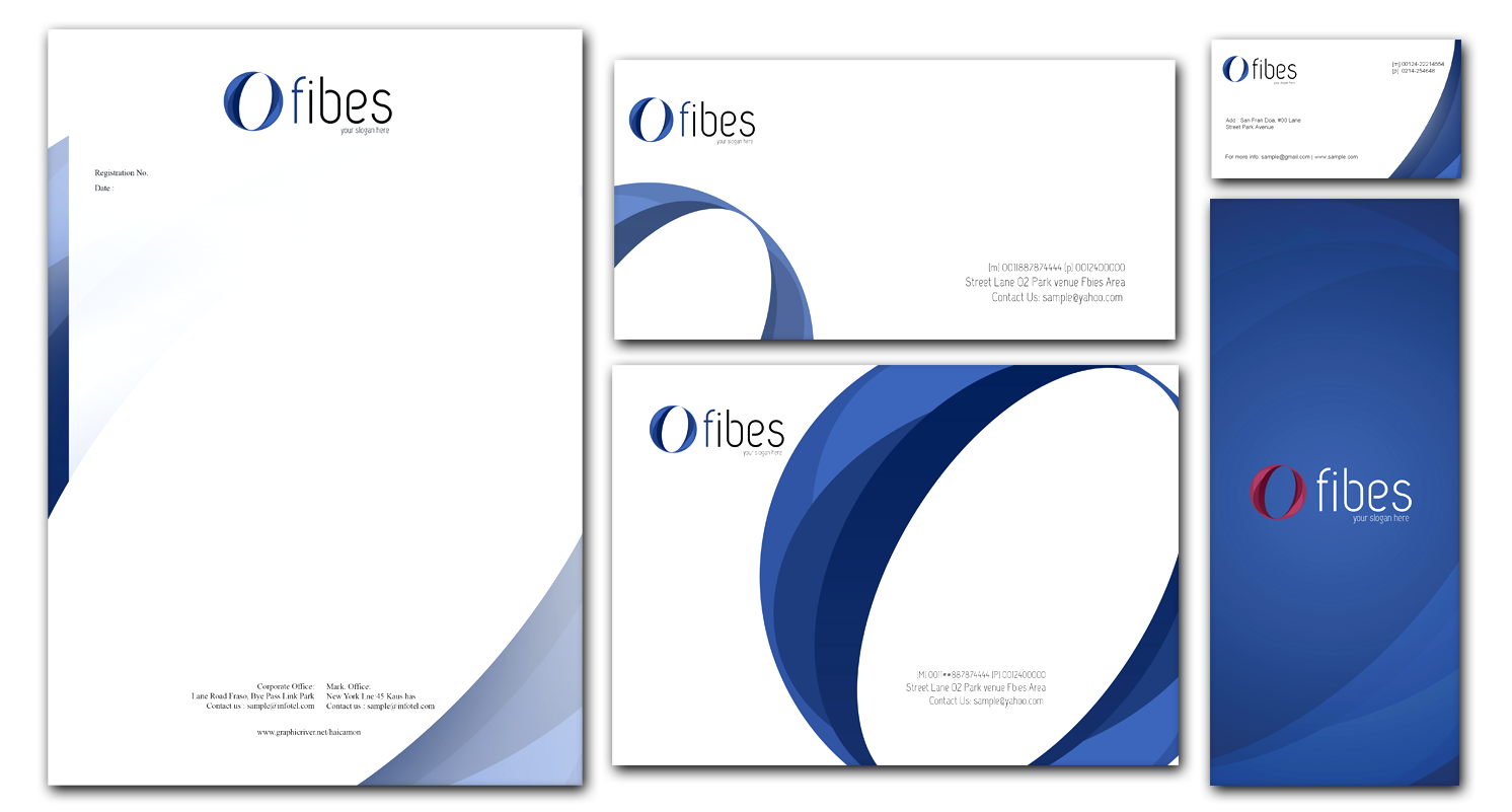 Stationery Image Transparent A corporate stationery set for fibes featuring letterhead, two envelopes, a business card, and a folder with blue curved abstract designs and the fibes logo in blue and red on a white background.
