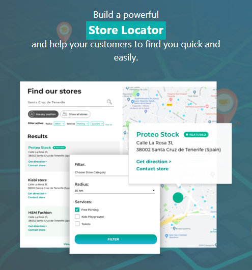 Store-Locator Screenshot of a store locator tool with a search bar, store list, filter options, and a map showing store locations in Santa Cruz de Tenerife. Text promotes building a powerful store locator for customers.