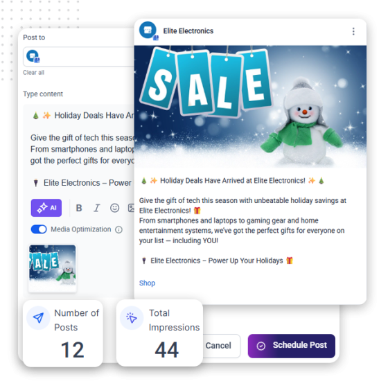 Streamline Content Publishing feat img A computer screen displays a social media scheduling tool with a holiday-themed post. A snowman, blue SALE banners, and engagement stats are shown—perfect for merchants highlighting online payment systems during the festive season.